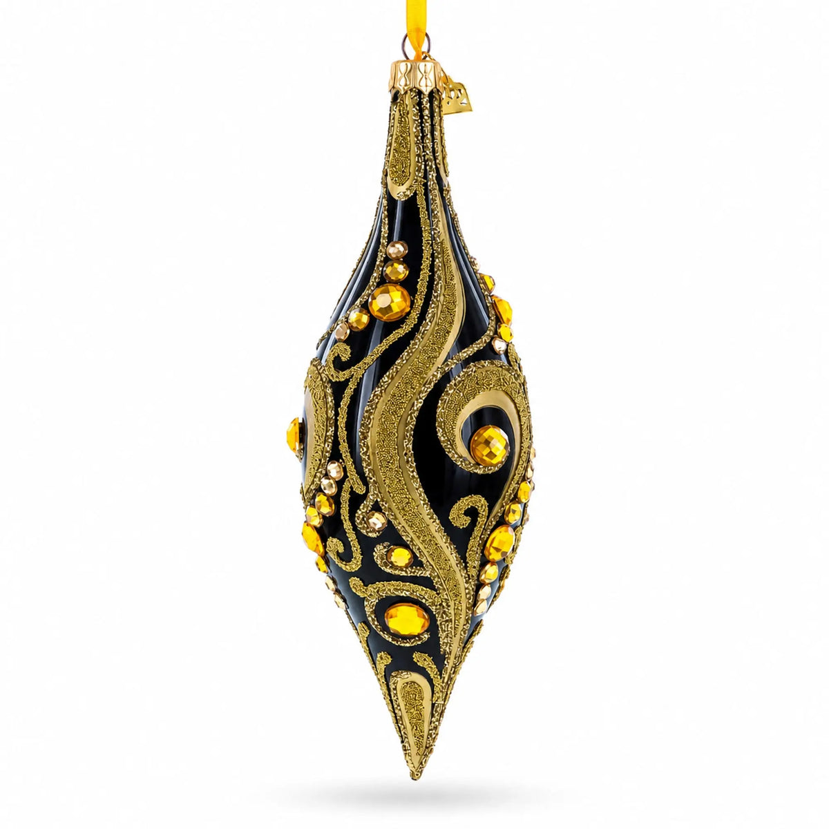 Black & Gold Jeweled Swirl Elongated Pointed Teardrop Finial Glass Christmas Ornament