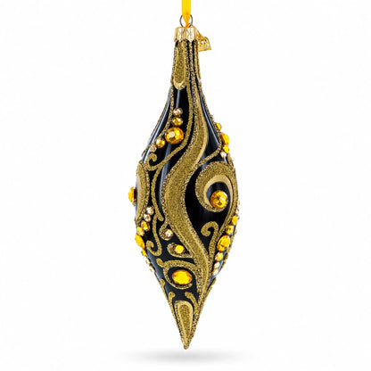 Black & Gold Jeweled Swirl Elongated Pointed Teardrop Finial Glass Christmas Ornament