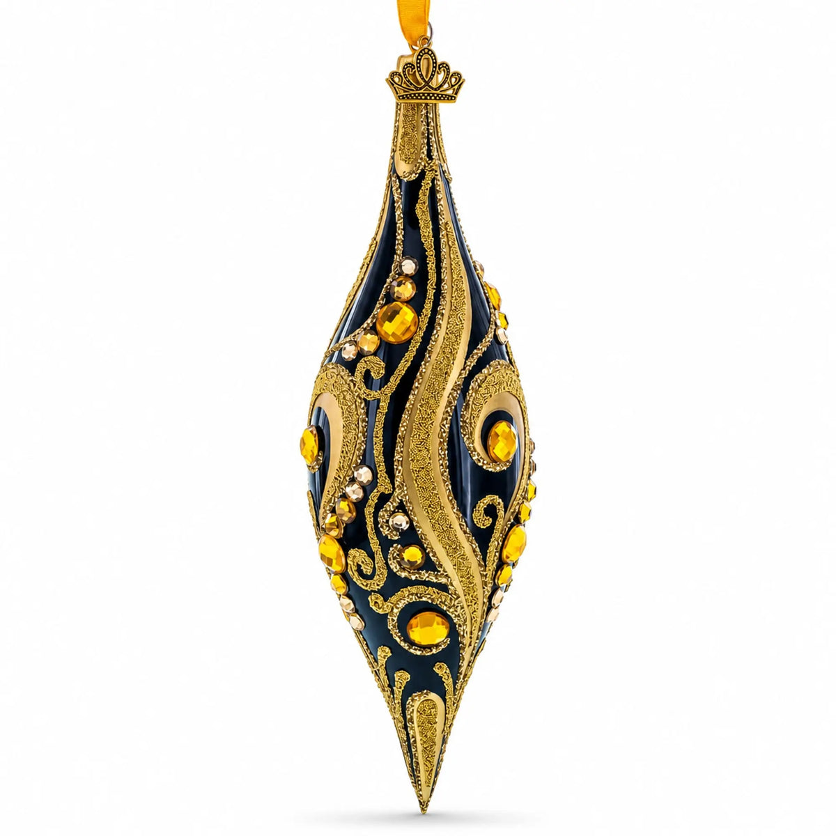 Black & Gold Jeweled Swirl Elongated Pointed Teardrop Finial Glass Christmas Ornament