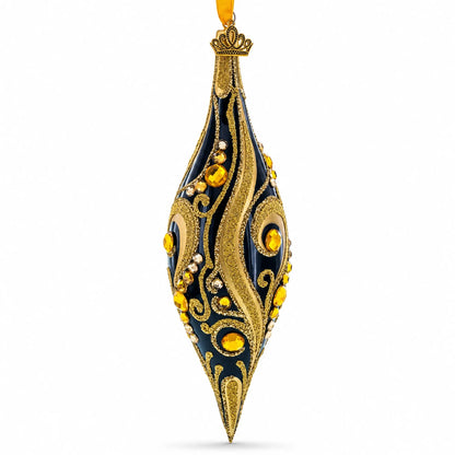 Black & Gold Jeweled Swirl Elongated Pointed Teardrop Finial Glass Christmas Ornament