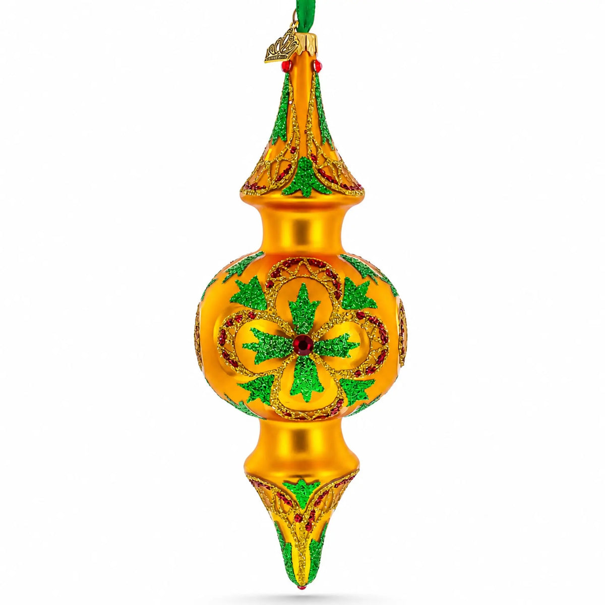 Golden Holly & Ivy Glitter Double-Ended Finial Drop Glass Christmas Ornament