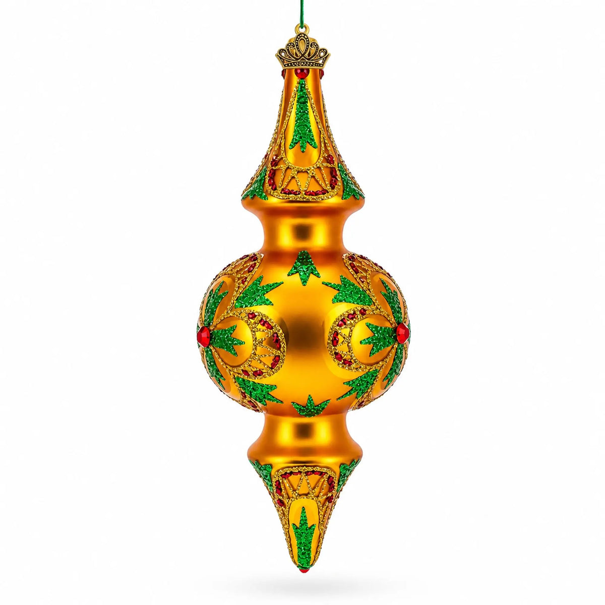 Golden Holly & Ivy Glitter Double-Ended Finial Drop Glass Christmas Ornament