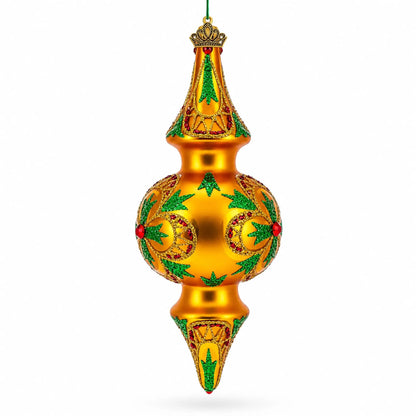 Golden Holly & Ivy Glitter Double-Ended Finial Drop Glass Christmas Ornament