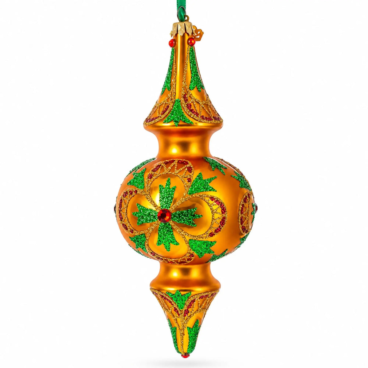 Golden Holly & Ivy Glitter Double-Ended Finial Drop Glass Christmas Ornament