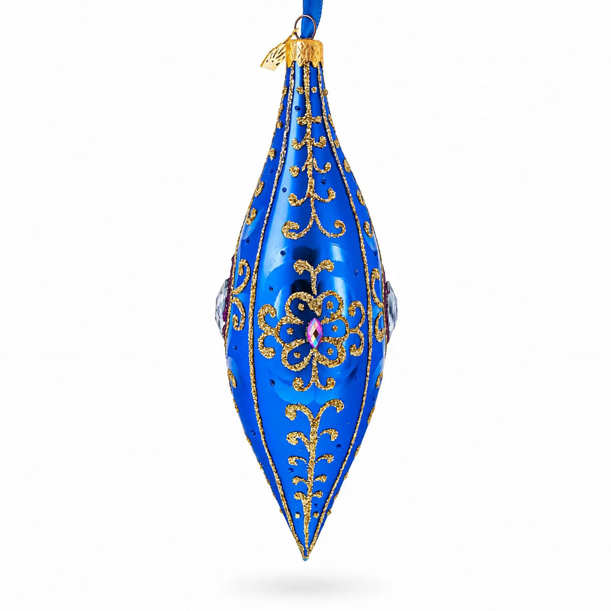 Royal Blue Jewel Scroll Elongated Pointed Teardrop Finial Glass Christmas Ornament