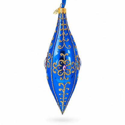 Royal Blue Jewel Scroll Elongated Pointed Teardrop Finial Glass Christmas Ornament