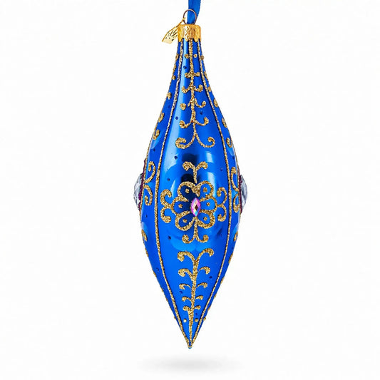 Royal Blue Jewel Scroll Elongated Pointed Teardrop Finial Glass Christmas Ornament BestPysanky Default Title Default Title-