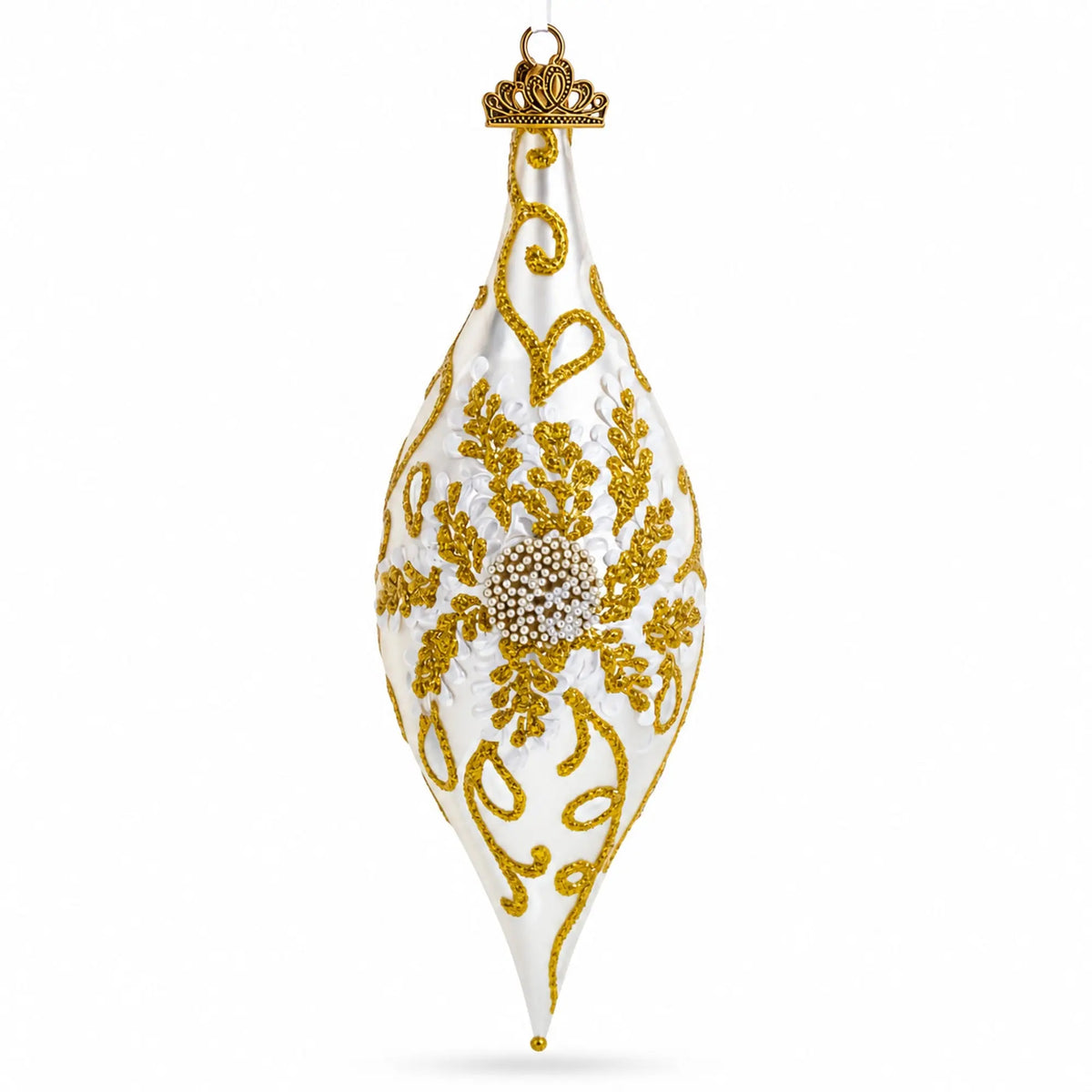 Ivory & Gold Pearl Embossed Elongated Pointed Teardrop Finial Glass Christmas Ornament