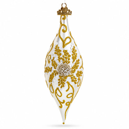 Ivory & Gold Pearl Embossed Elongated Pointed Teardrop Finial Glass Christmas Ornament