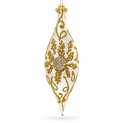 Ivory & Gold Pearl Embossed Elongated Pointed Teardrop Finial Glass Christmas Ornament