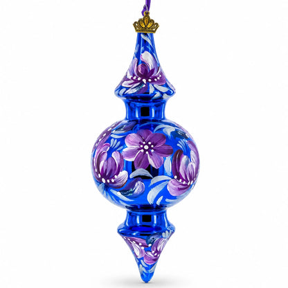 Cobalt Blue Floral Double-Ended Finial Drop Glass Christmas Ornament