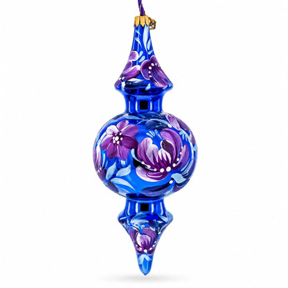 Cobalt Blue Floral Double-Ended Finial Drop Glass Christmas Ornament