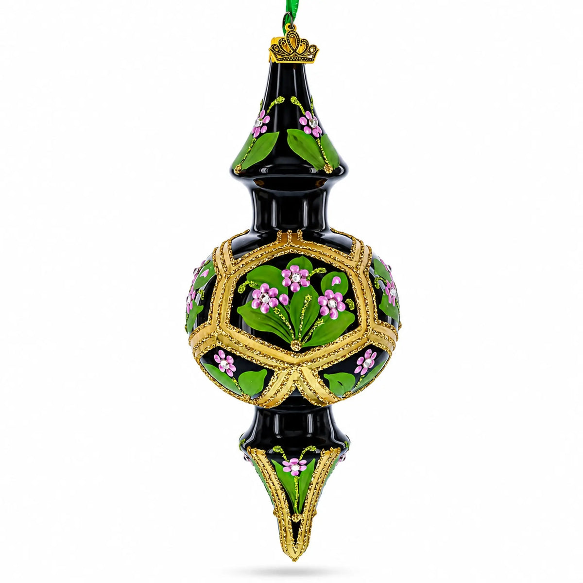 Black & Gold Floral Medallion Double-Ended Finial Drop Glass Christmas Ornament
