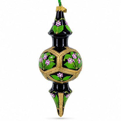 Black & Gold Floral Medallion Double-Ended Finial Drop Glass Christmas Ornament