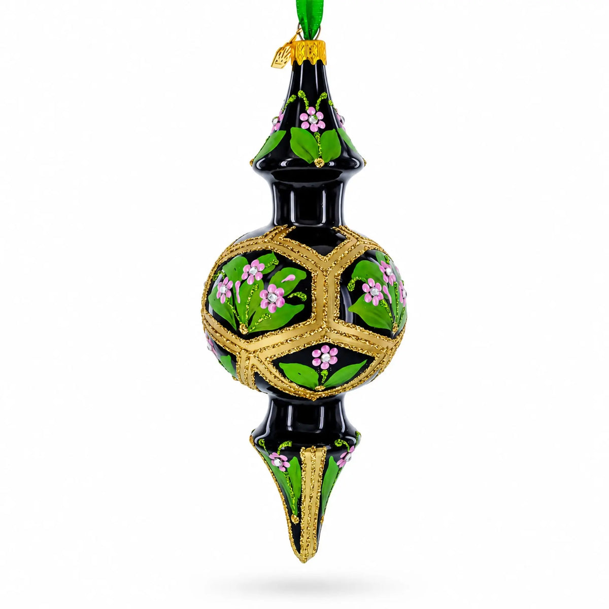 Black & Gold Floral Medallion Double-Ended Finial Drop Glass Christmas Ornament