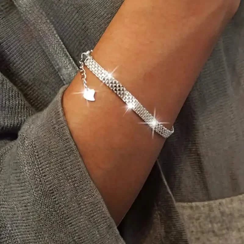 S925 Sterling Silver Chain Bracelet, Sparkling Mesh Embossing Pattern Jewelry - Cartsfy Inc.