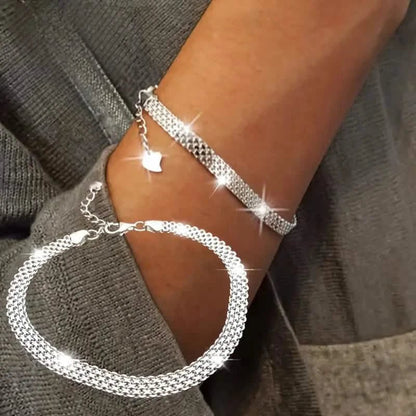 S925 Sterling Silver Chain Bracelet, Sparkling Mesh Embossing Pattern Jewelry - Cartsfy Inc.