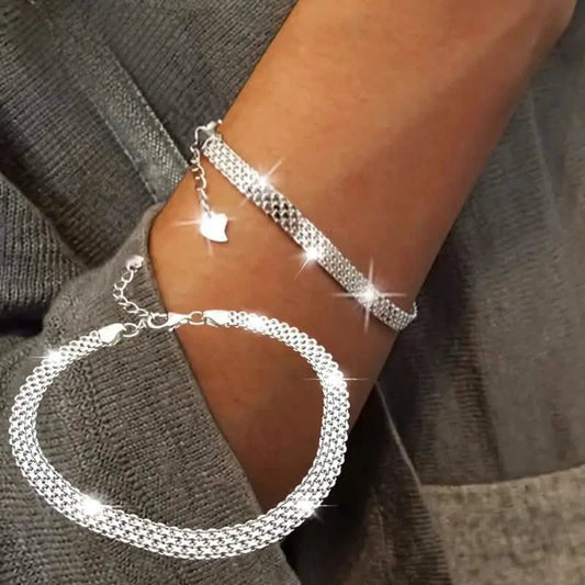 S925 Sterling Silver Chain Bracelet, Sparkling Mesh Embossing Pattern Jewelry - Cartsfy Inc.