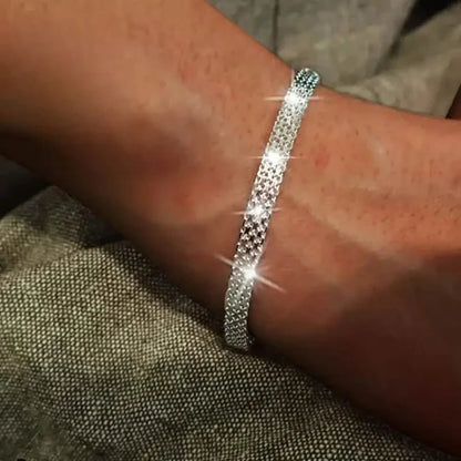 S925 Sterling Silver Chain Bracelet, Sparkling Mesh Embossing Pattern Jewelry - Cartsfy Inc.