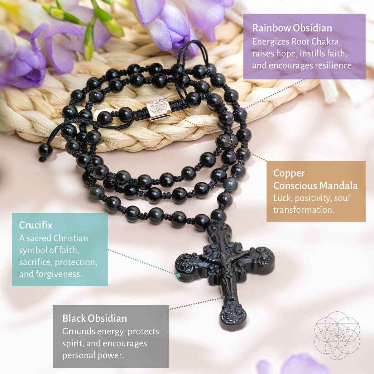 Black obsidian cross pendant necklace with ornate crucifix on multi-strand beaded cord