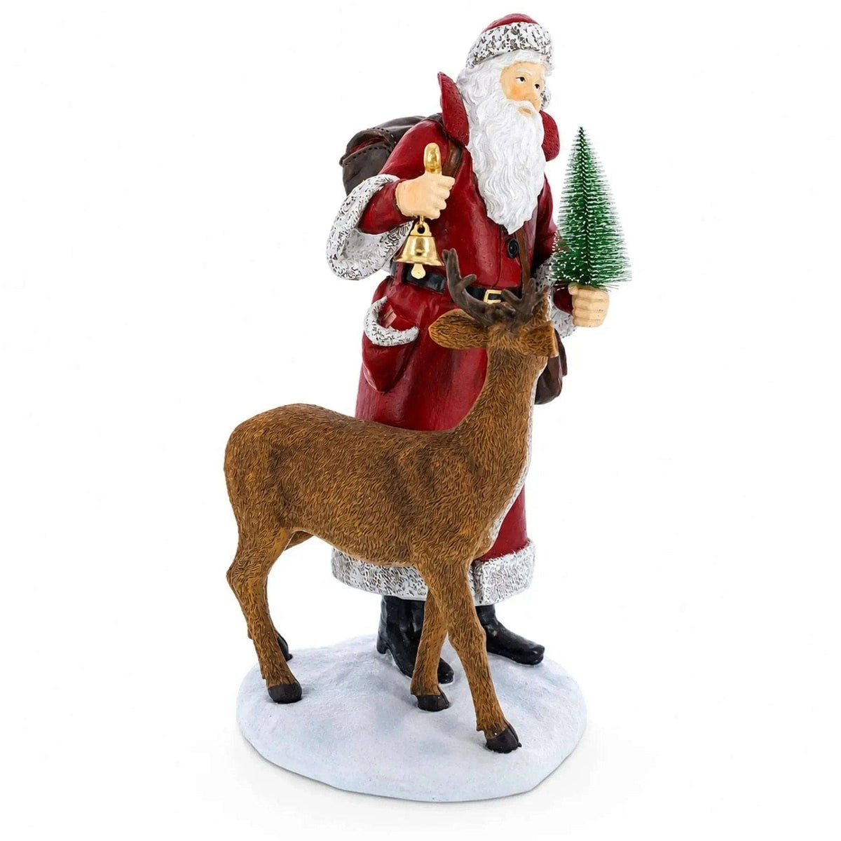Santa Holding Christmas Tree and Bell by Reindeer Figurine 12 Inches BestPysanky Default Title Default Title-