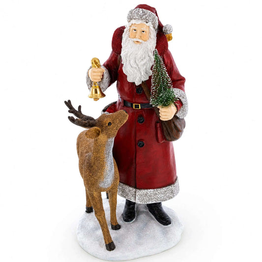 Santa Holding Christmas Tree and Bell by Reindeer Figurine 12 Inches BestPysanky Default Title Default Title-