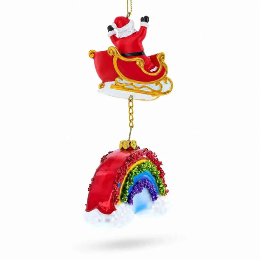 Santa Rainbow Sleigh Ride Glass Christmas Ornament