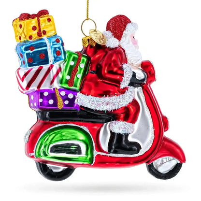 Santa Riding Retro Scooter with Gifts Glass Christmas Ornament Cartsfy Inc.