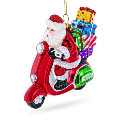 Santa Riding Retro Scooter with Gifts Glass Christmas Ornament Cartsfy Inc.