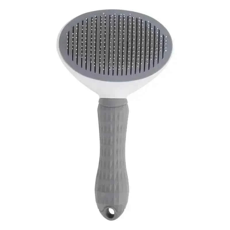 Gray pet slicker brush with pin bristles on oval head and textured grip handle