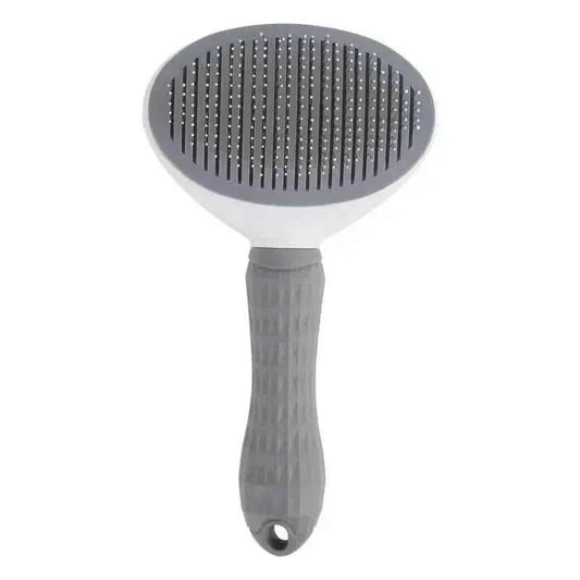 Gray pet slicker brush with pin bristles on oval head and textured grip handle