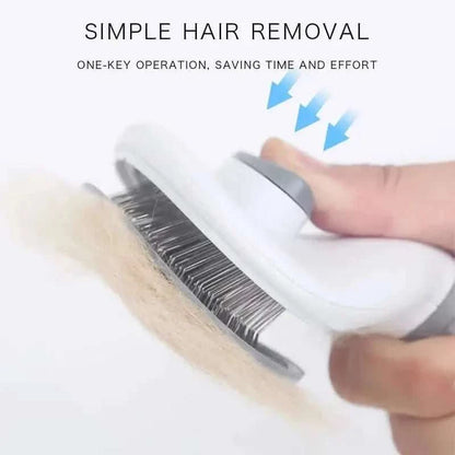Gray pet slicker brush grooming bristles being used on a furry pet coat