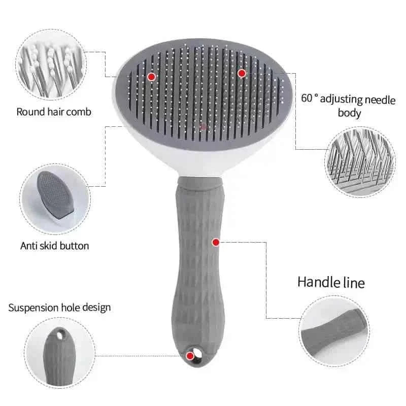 Gray self-cleaning pet slicker brush diagram showing handle, comb head, and grip features