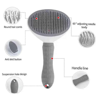 Gray self-cleaning pet slicker brush diagram showing handle, comb head, and grip features