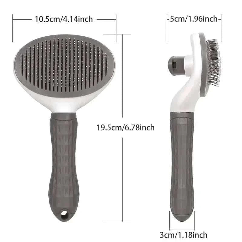 Gray self-cleaning pet slicker brush with oval pin head and dark handle, size view