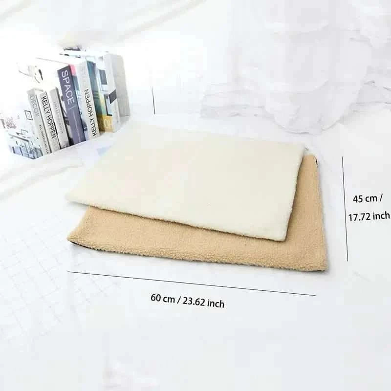 Self heating pet mat set with tan base and light cream top, shown with measurements
