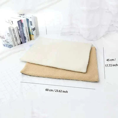 Self heating pet mat set with tan base and light cream top, shown with measurements
