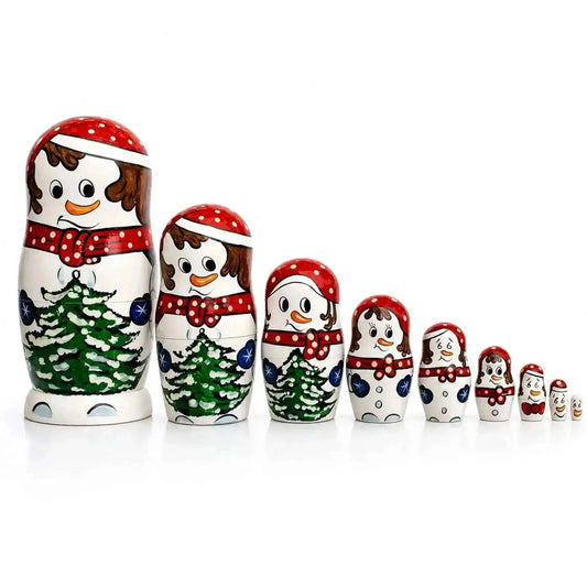 Set of 10 Snowmen with Christmas Tree Wooden Nesting Dolls 10.25 Inches Cartsfy Inc.