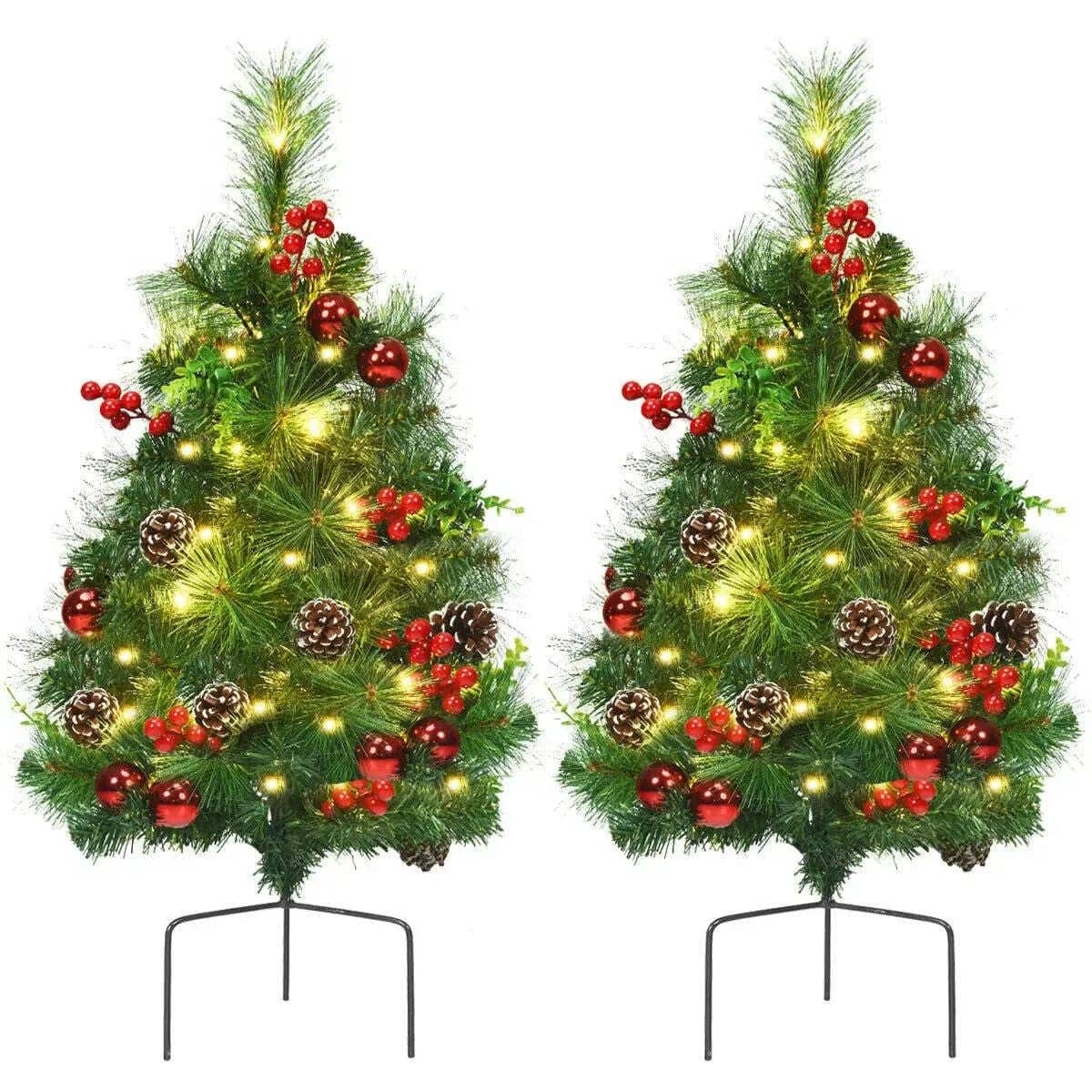 Set of 2 29 Inch Battery Powered Pre-lit Pathway Holiday Christmas Trees Cartsfy Inc.