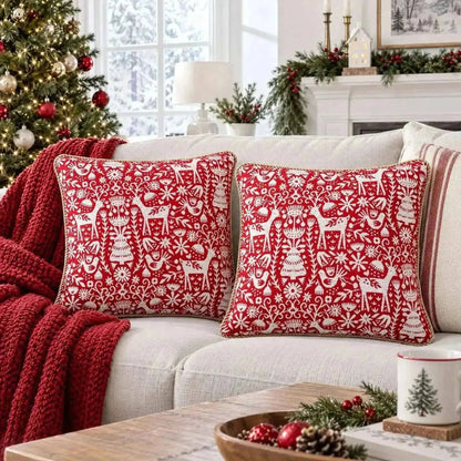 Set of 2 White Deer in the Woods Christmas Throw Cushion Pillow Covers