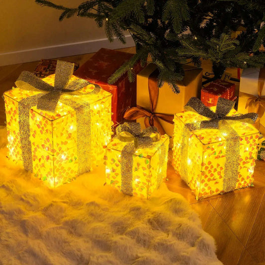 Set of 3 Christmas Lighted Gift Boxes with Pre-lit 90 LED Light and Bows Cartsfy Inc.