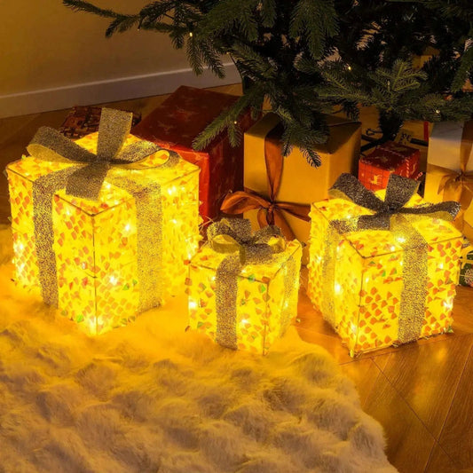 Set of 3 Christmas Lighted Gift Boxes with Pre-lit 90 LED Light and Bows Cartsfy Inc.