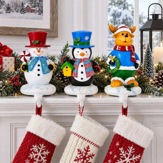 Set of 3 Christmas Stocking Holders - Snowman Penguin Reindeer Mantel Hooks Cartsfy Inc.
