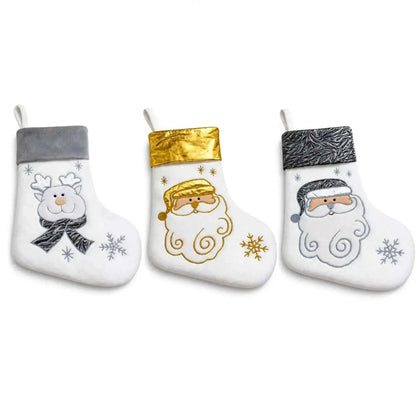 Set of 3 Gold and Silver, on White Felt Santa, Reindeer Christmas Stockings 15 Inches Cartsfy Inc.