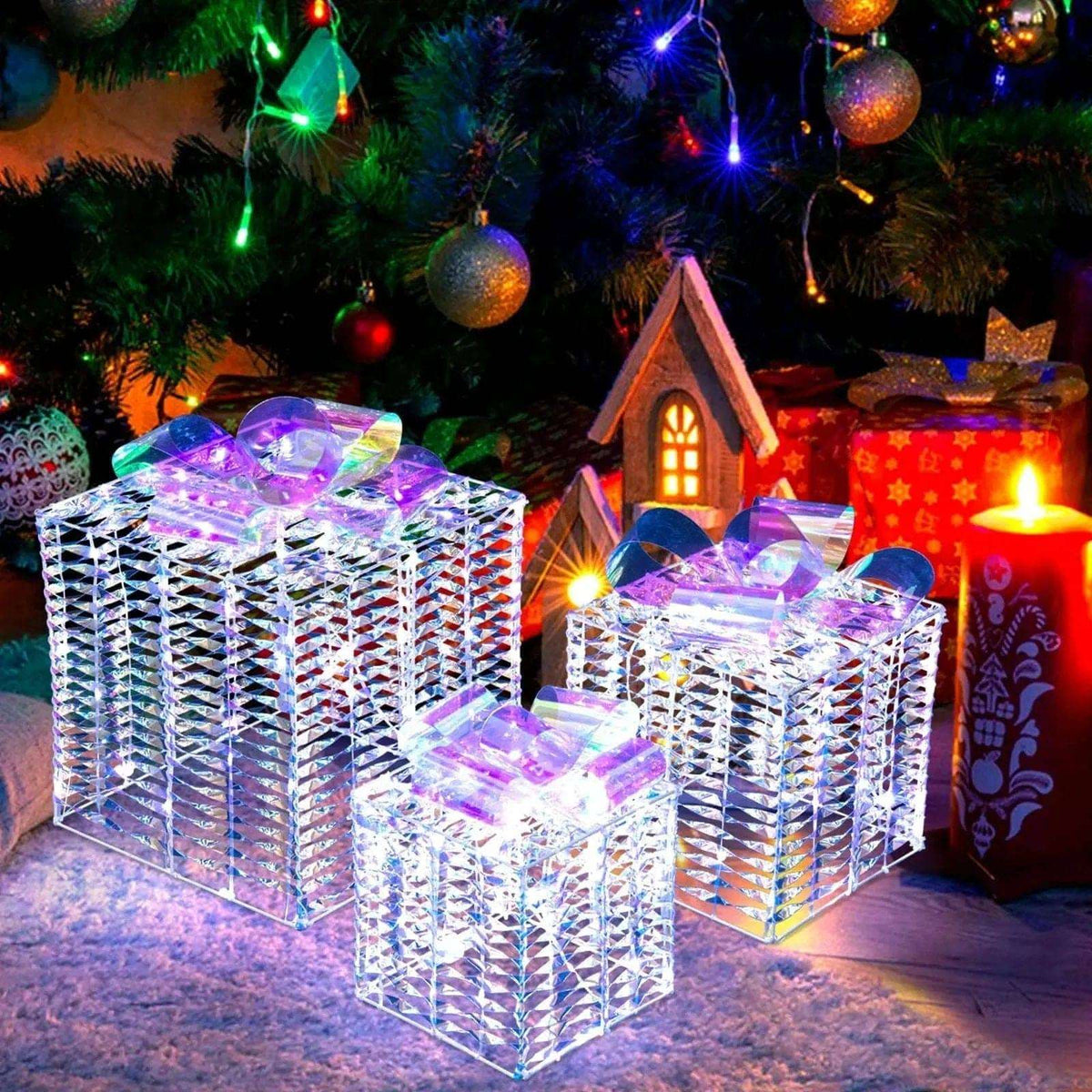 Set of 3 Iridescent Christmas Gift Box with Iridescent Bows Cartsfy Inc.