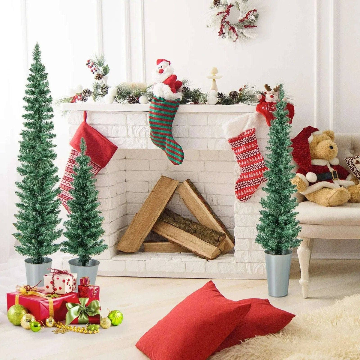 Set of 3 Potted Artificial Christmas Tree with Silver Metal Buckets Cartsfy Inc.