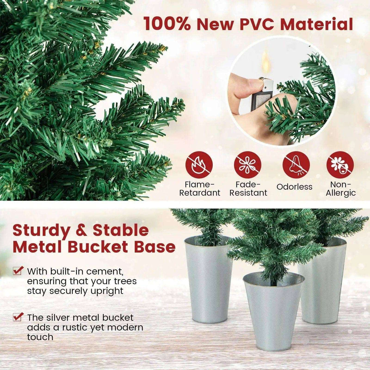 Set of 3 Potted Artificial Christmas Tree with Silver Metal Buckets Cartsfy Inc.