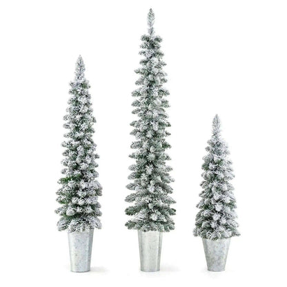 Set of 3 Pre-Lit Snow Flocked Artificial Christmas Trees witrh 423 Branch Tips Cartsfy Inc.