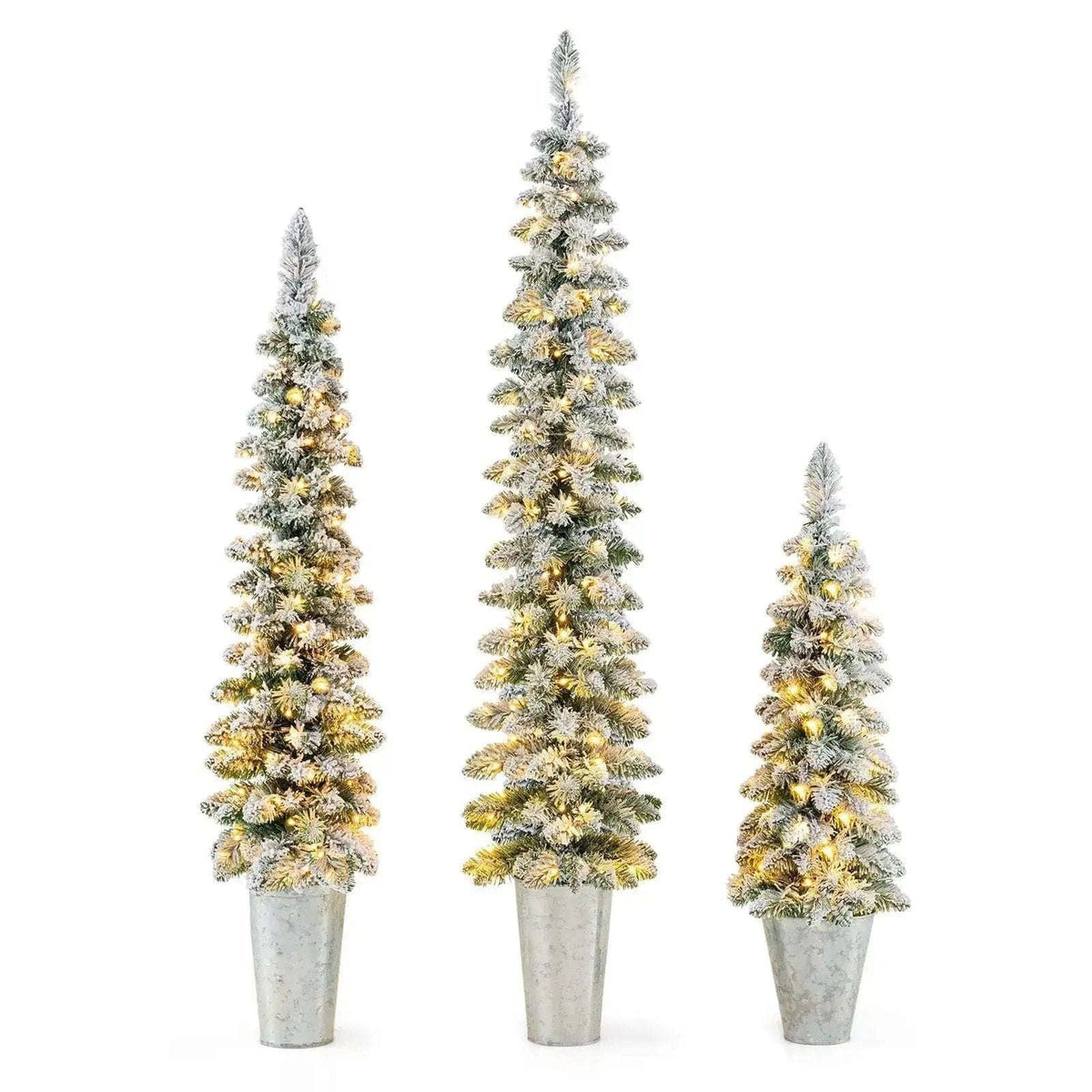 Set of 3 Pre-Lit Snow Flocked Artificial Christmas Trees witrh 423 Branch Tips Cartsfy Inc.