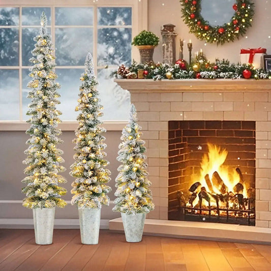 Set of 3 Pre-Lit Snow Flocked Artificial Christmas Trees witrh 423 Branch Tips Cartsfy Inc.